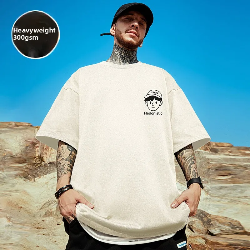 

Heavyweight American Retro ort Sve T-irt Pure Cotton round Ne Men's Trendy Streetwear Large Size Bla f Sve