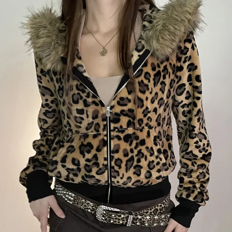 Y2k Autumn Winter American Style Vintage Women High Street Jacket Hooded Fur Collar LEOPARD Chaquetas Zipper Design Sense Coat