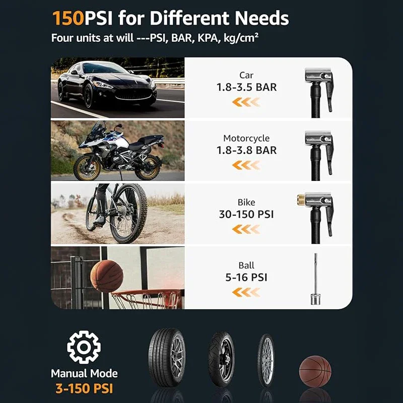 منفاخ إطارات السيارة الكل في واحد - 12 فولت للسيارات/الشاحنات/الأشعة فوق البنفسجية، ضغط هواء 10.2 بار،-40 ° C مقاومة، مراقبة الإطارات #6