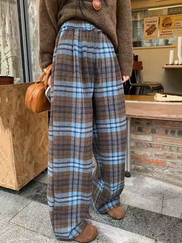 Retro xadrez de lã do falso calças largas perna feminina inverno grosso cintura alta solta calças casuais y2k streetwear todos os jogos misturados