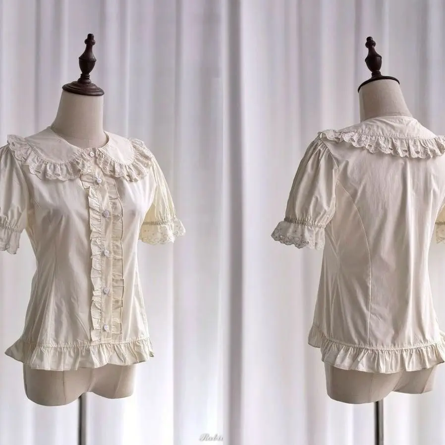 Japanese Kawaii Lolita Shirts Women Vintage Sweet Ruffles Lace Peter Pan Collar Short Sleeve Blouses Girls Cute Y2k Clothes Tops