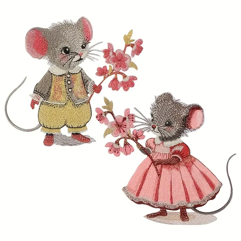 Patch brodé de souris, branche de fleur, fer sur Animal de dessin animé, Badge mignon, cadeau pour vêtements, casquette, sac, veste, chapeau de camionneur, 1 pièce