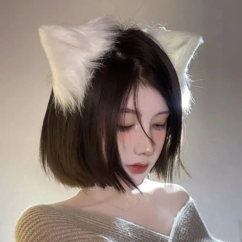 ss13Cute Cat Headdress Japanese Internet Celebrity White Plush Animal Ears Fox Hairpin Halloween Role Playing Pet Game