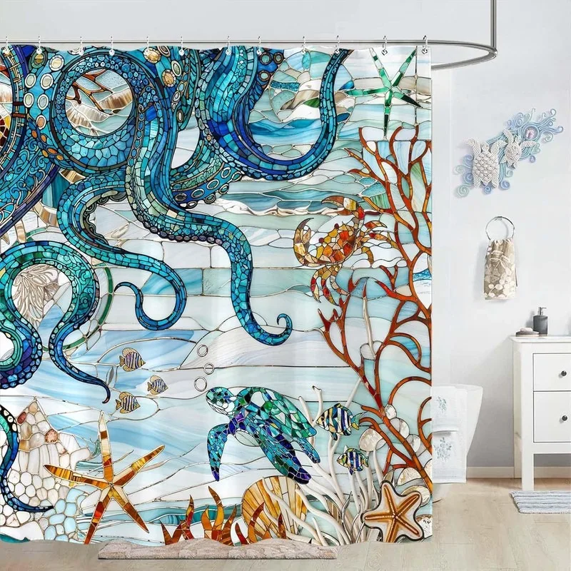 Artistic Ocean Octopus Stained Glass Shower Curtain Dreamy Sea Pattern No Drilling Waterproof Fabric with 12 Hooks for