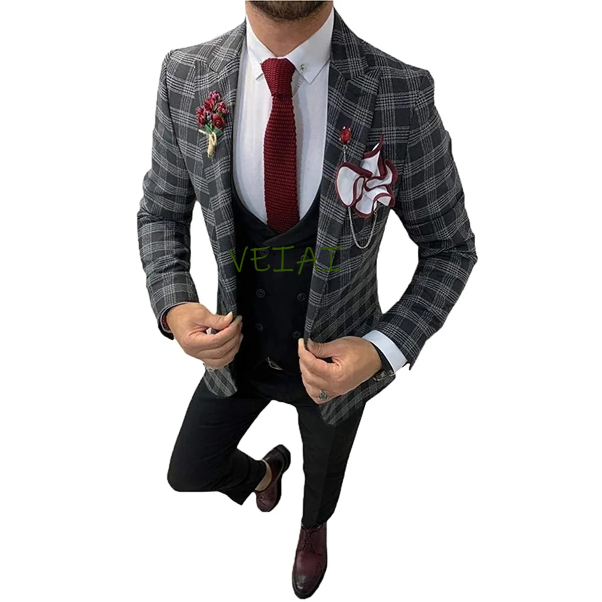 Conjunto de smoking xadrez slim fit personalizado azul/vinho/marrom check 3 peças terno (blazer + colete + calças) casamento feito sob medida e roupa formal