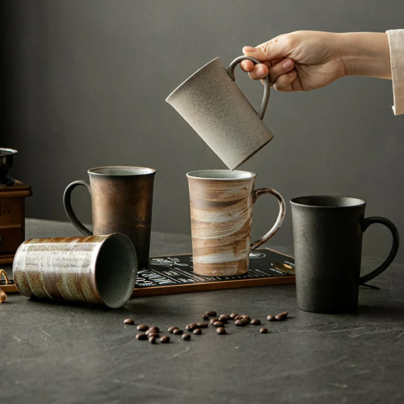 Handmade Japanese Retro Coarse Pottery Coffee Mug Large Capacity Stoneware Home Office Drinking Cup Set Gift Box