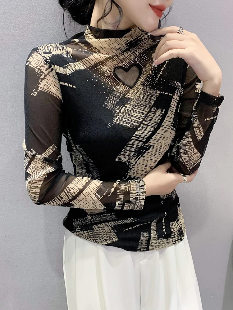 Damska bluzka z półgolfem, długa, z wycięciami, zdobiona diamentami, seksowna, obcisła bielizna, modna.