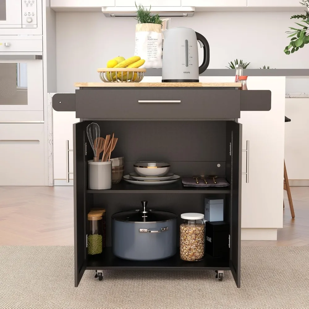 

Kitchen Island on Wheels White Rolling Trolley Cart Island Cart Storage Cabinet with Rubber Solid Wood Countertop One Draw