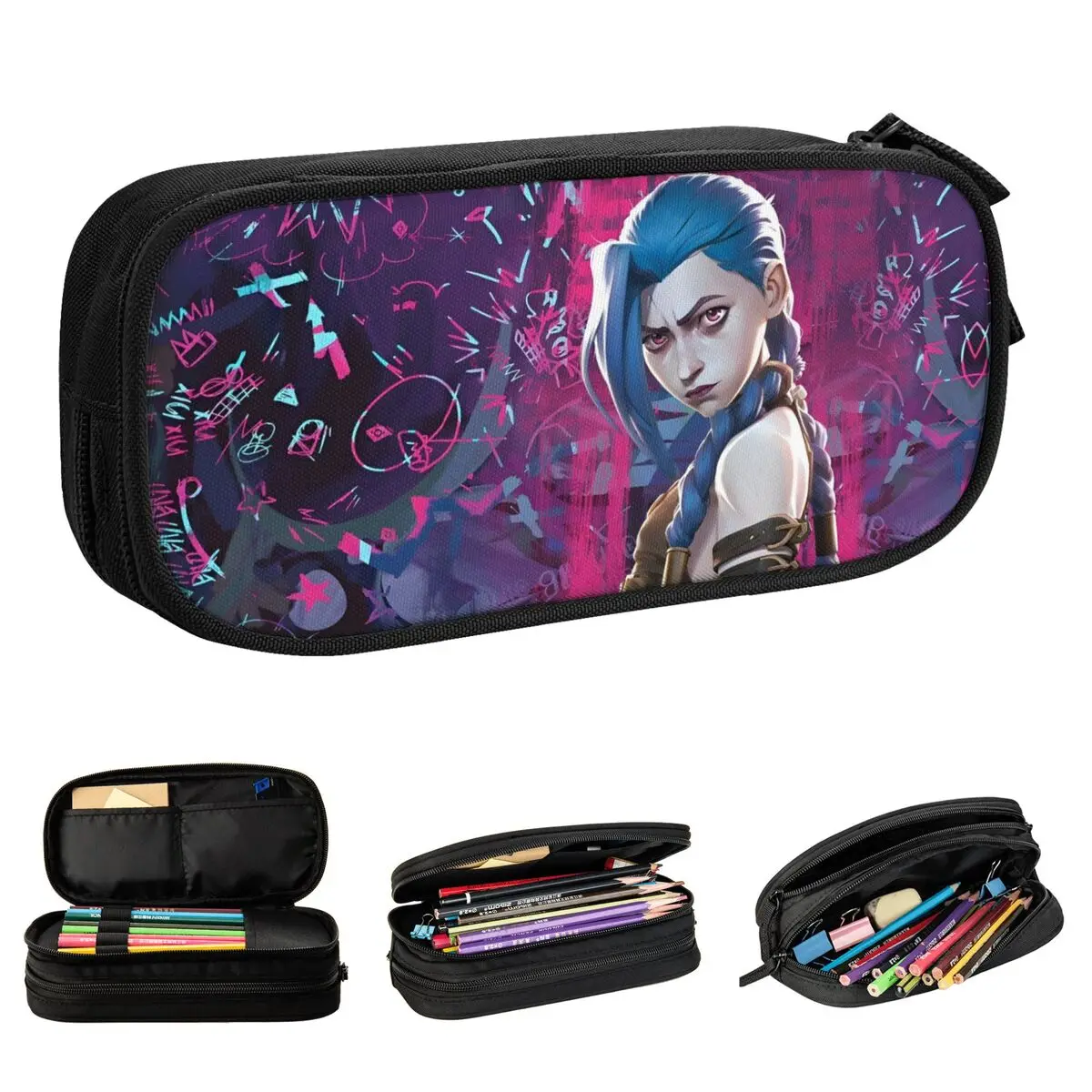 Jinx Arcane Pencil Case Fashion League Battle Game Legends Pen Box Bag Girls Boys Large Storage Students School Pencilcases