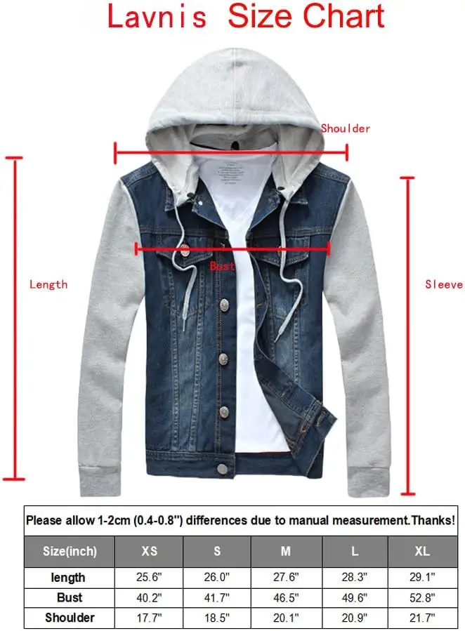 Lavnis Men's Denim Hoodie Jacket Casual Slim Fit Button Down Jeans Coat