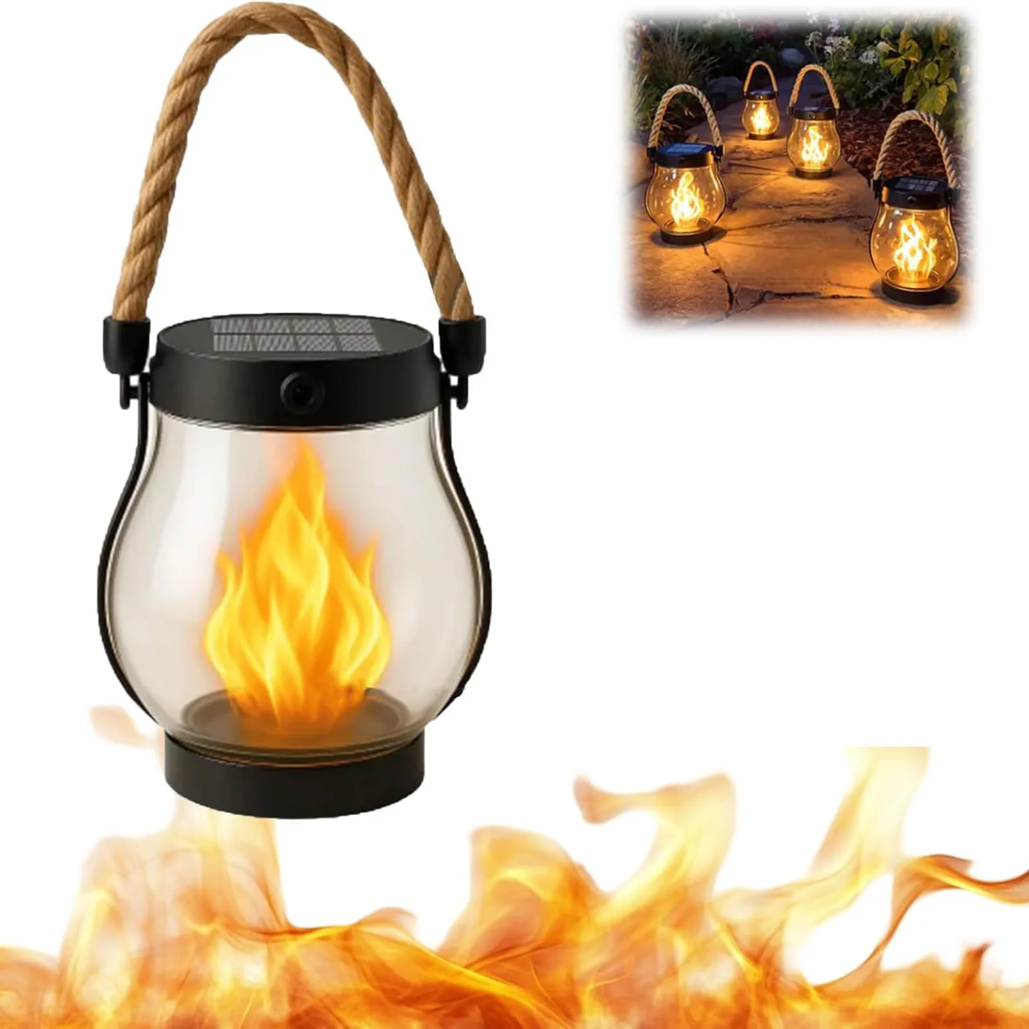 Solar Lanterns Outdoor Realistic Flickering Flame Lamp with Rope Type-C Charging & Solar for Patio, Garden, Porch, Table Decor
