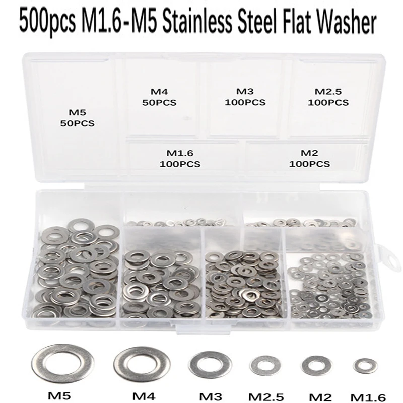 

500pcs Stainless Steel Flat Washer M1.6 M2 M2.5 M3 M4 M5 Combination Plain Washer Gaskets Assortment Kit