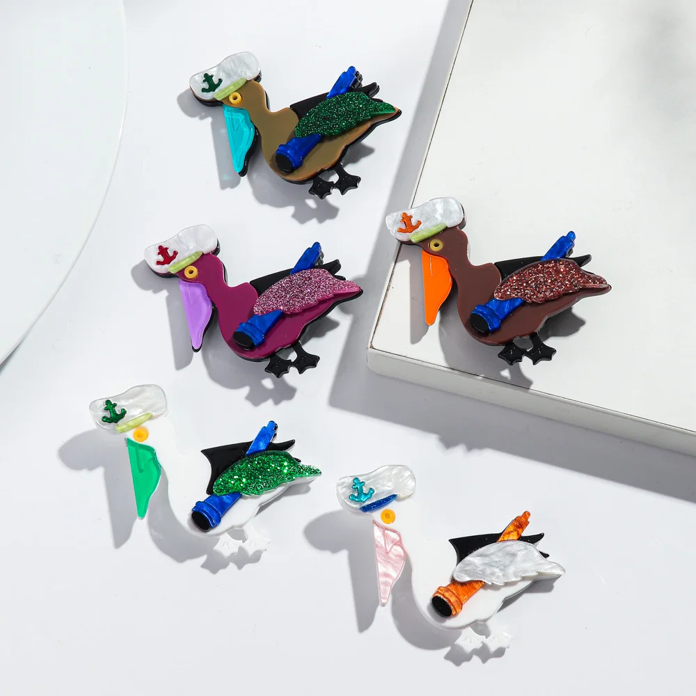 Cute Acrylic Cartoon Birds Pelican Badge Brooch Funny Colorful Animals Brooches Pins Clothing Jewelry Accessory