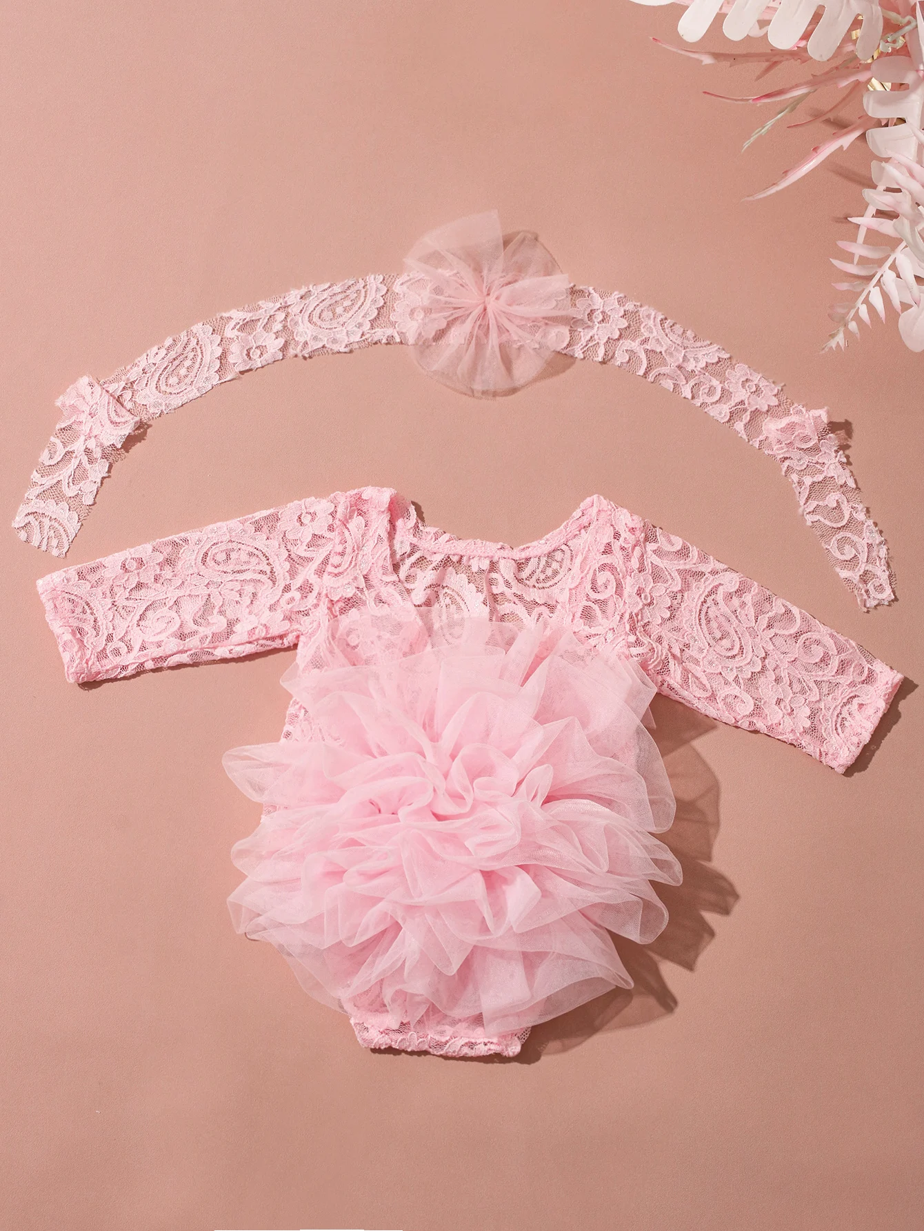 Ylsteed 2-teiliges Set, staubiger rosa Spitzen-Strampler für Neugeborene für Fotoshootings, flauschige Mesh-Spitzen-Fotografie-Outfits mit Stirnband – Detail 29