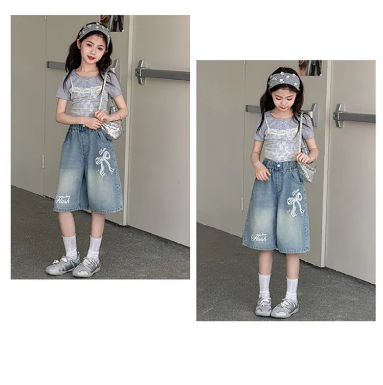 2026 Sommer Kinderkleidung: Jeans-Shorts für Teenager-Mädchen mit Schleifenmuster, elastischem Bund, weitem Bein und mittellanger Länge – Lässige, süße Shorts für Kinder – Detail 4