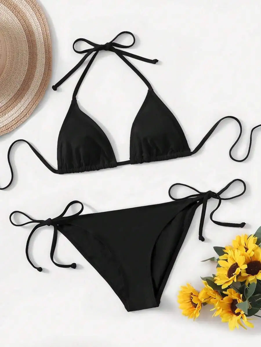 

Black Solid Halter Triangle Top And Tie Side Bottom Bikini Set For Beach Summer