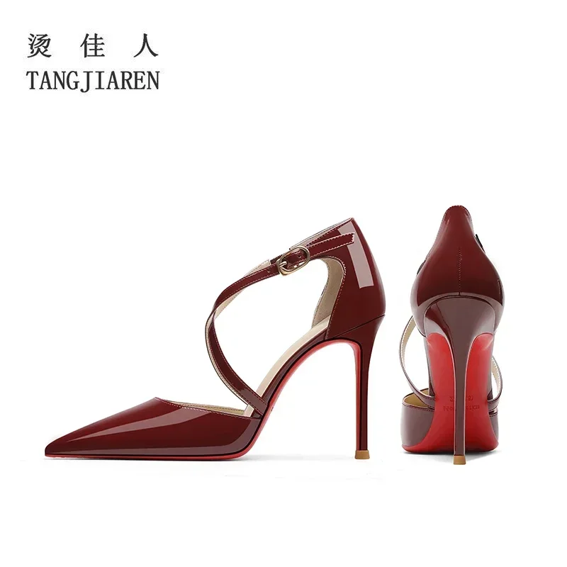 Cross strap high heels for women with slim heels spring and summer new style with a straight buckle and wine red toe cap sandals