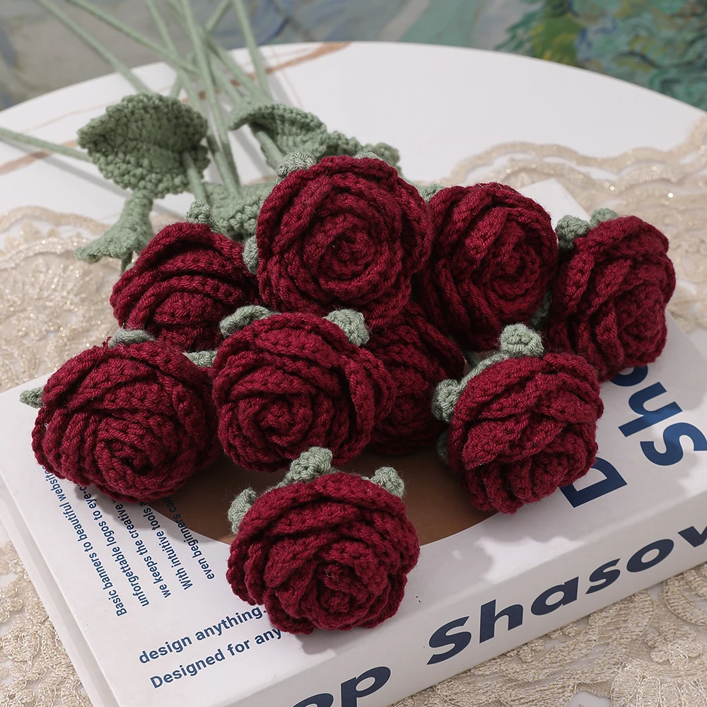 1/3pcs Knitted Rose Handmade DIY Woolen Crochet Artificial Flower Bouquet Room Home Decoration Bride Wedding Mother\'s Day Gifts