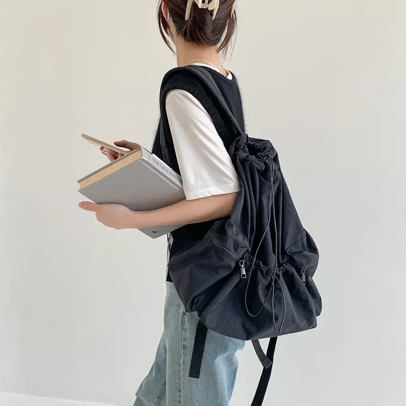 Sacs à dos Wstring de proximité froncés pour femmes, sac à dos en nylon esthétique pour filles, sac léger pour étudiants d'école, sac de voyage d'été pour femme, mode