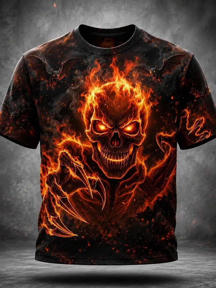 Men's Casual Round-Neck Short-Sleeve T-Shirt Trendy Men's Top with Flame and Skull Print Short-Sleeve Shirt for Holiday Parties