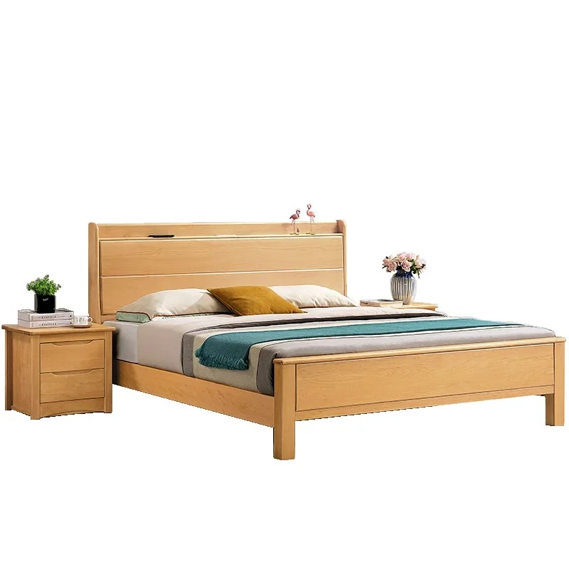 

Charging function Beech log solid wood big bed 1.5 meters 1.8 meters master bedroom with light wedding room double bed