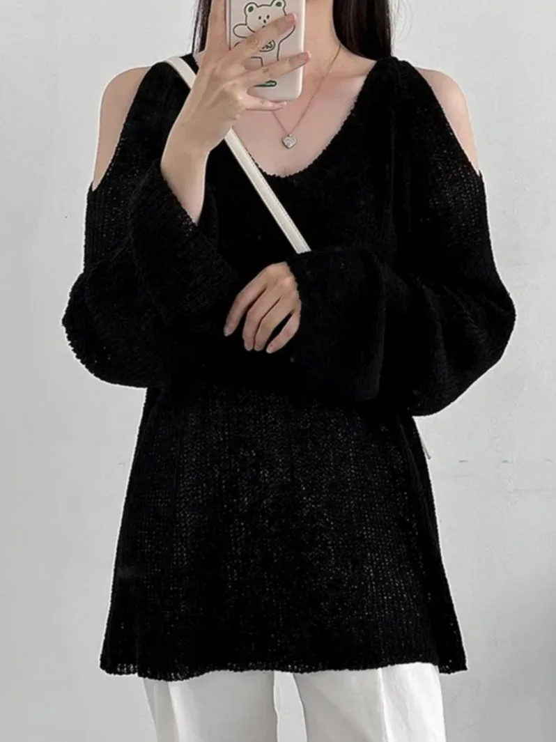 

Chic Thin Knitted oulder Bared V-Ne Women's Top Ele Lazy Versatile Sunade Cover irt Summer 2025 Splice Detail