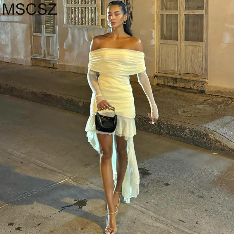 

MSCSZ Off Shoulder Long Sleeve Mesh Dress Women Spring Fall Ruched Bodycon Mini Dress Ruffle Asymmetrical Club Party Dress