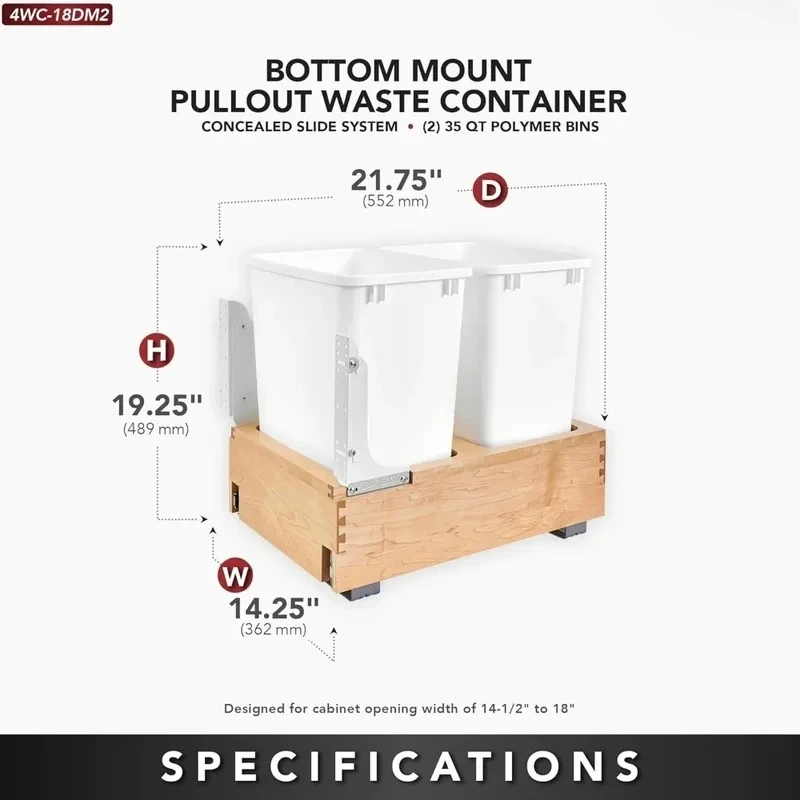 Double 35 Qt Wood Bottom Mount Pullout Under Cabinet Trash Can with Full Extension Ball Bearings