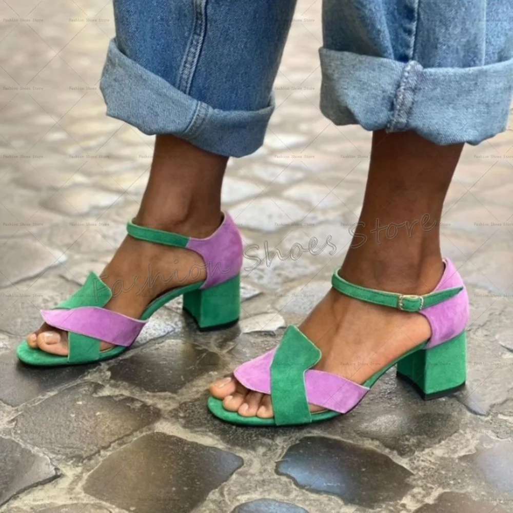 

Cross Strap Splicing Sandals Ankle Strap Chunky High Heels High Heel Shoes for Women Fashion Heels 2025 New Zapatos Para Mujere