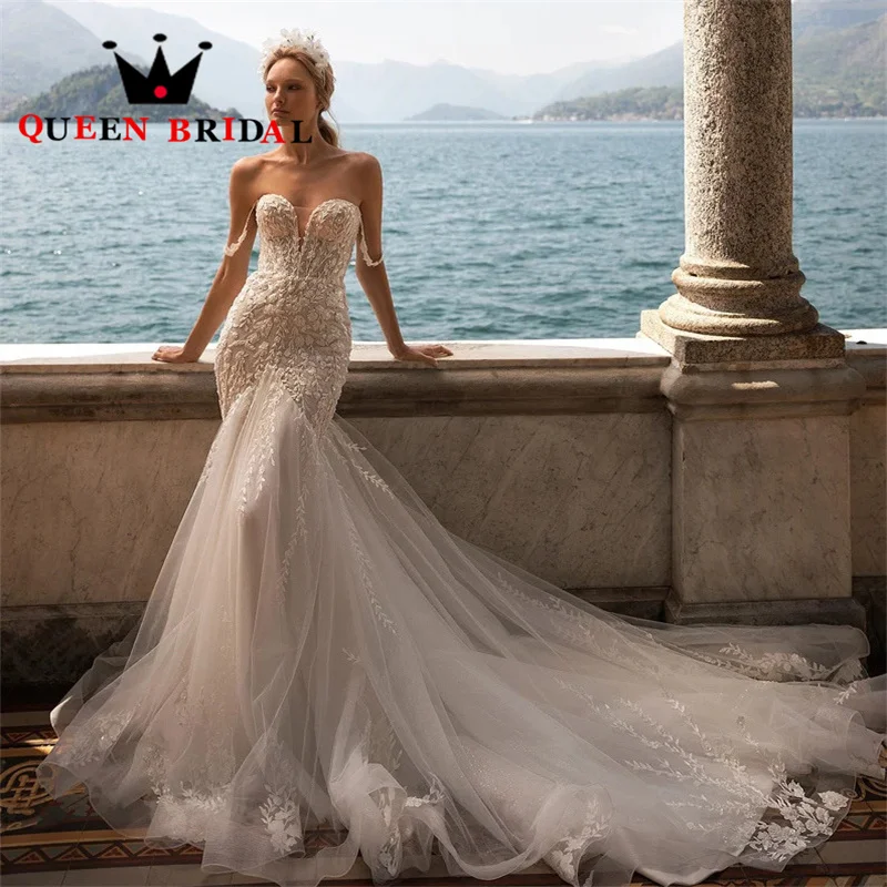 Sereia sexy querida vestidos de casamento 2023 cintas de espaguete rendas apliques frisado vestidos de noiva novia personalizado l40s