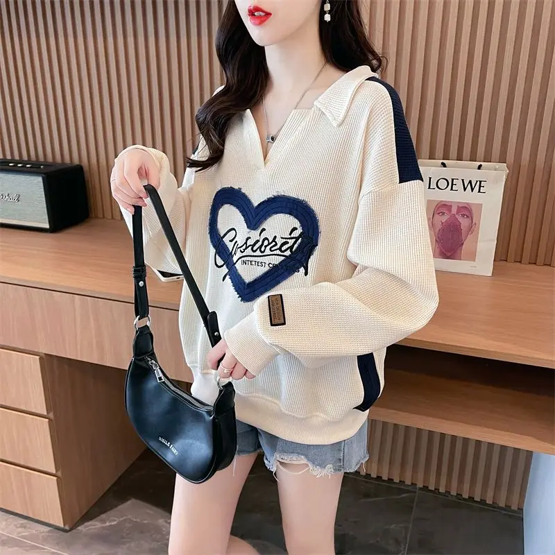 Peter Pan Collar Women\'s Clothing Lantern Long Sleeve Geometric Letter Printing Embroidery Pullover Spring Autumn Korean Tops