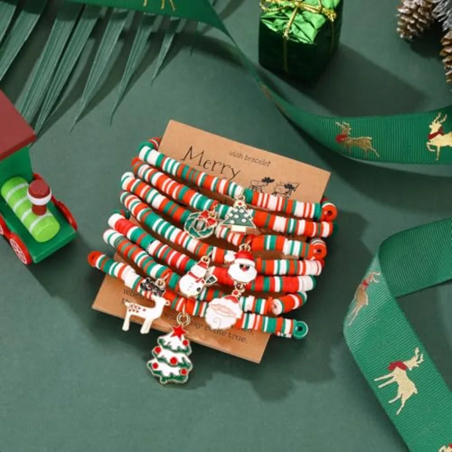 مجموعة أساور عيد الميلاد للنساء مكونة من 7 قطع من أساور هيشي سيرفر المطاطية مع هدية للعطلات