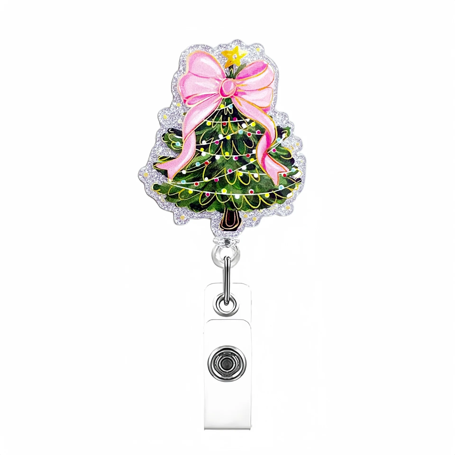 Glitter Acrylic Christmas Tree Retractable Badge Reel Clip Rotatable ID Name Card Buckle Holders Xmas Gift for Nurse Doctors