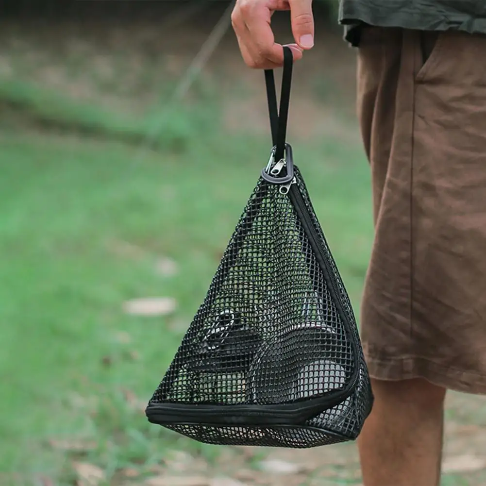 Outdoor Hanging Triangle Drying Mesh Net Pocket Hollow Double Zipper Drying Net Bag With Lanyard Carabiner Camping Supplies