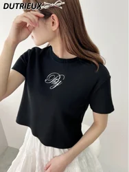 2024 New Summer Women Clothing Elegant Letter Embroidery Simple All-Matching Short T-shirt Fashion Simple Cotton T Shirt Female