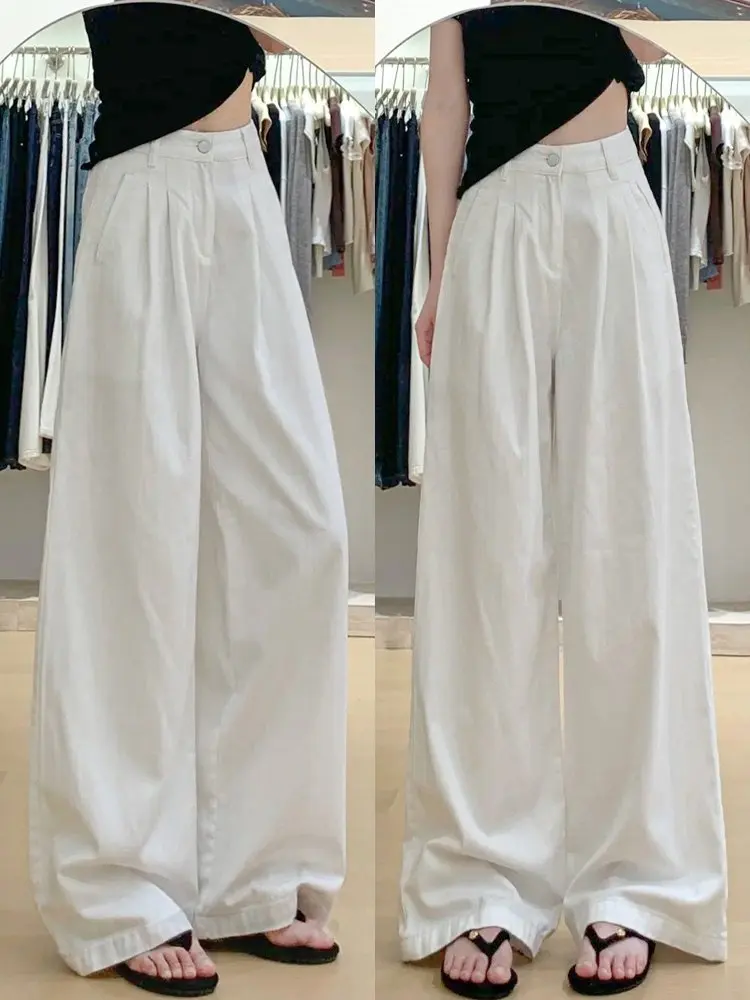 

High Waist Wide Leg Denim Jeans Women's Spring Small Size Pleated Texture White Loose Slimming Draping Straight Floor-Length ...