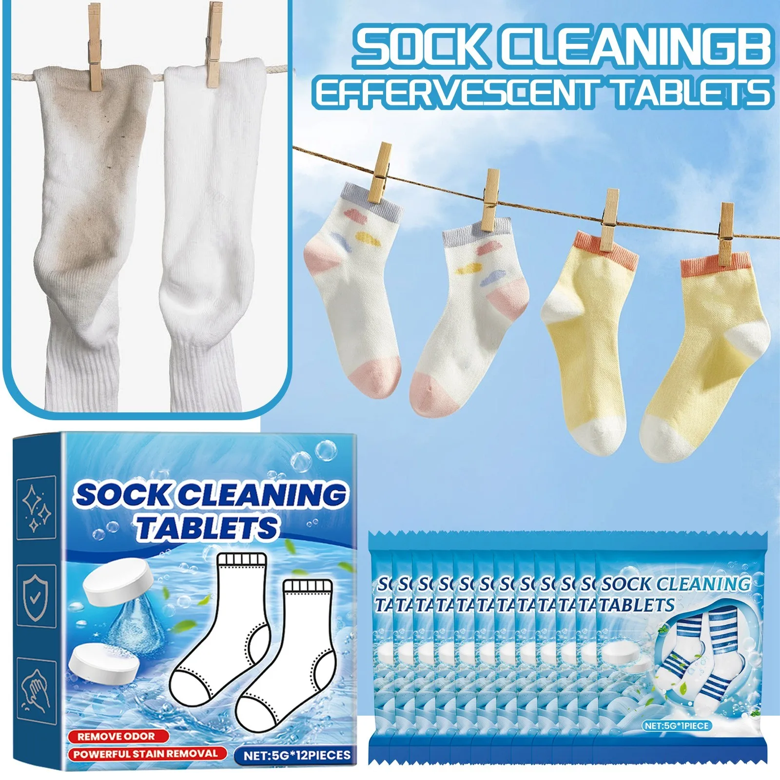 Sock Cleaning Effervescent Tablets, Sock Cleaning Tablets,Sock Cleaner, Quickly Dissolving, Powerful Decontamination