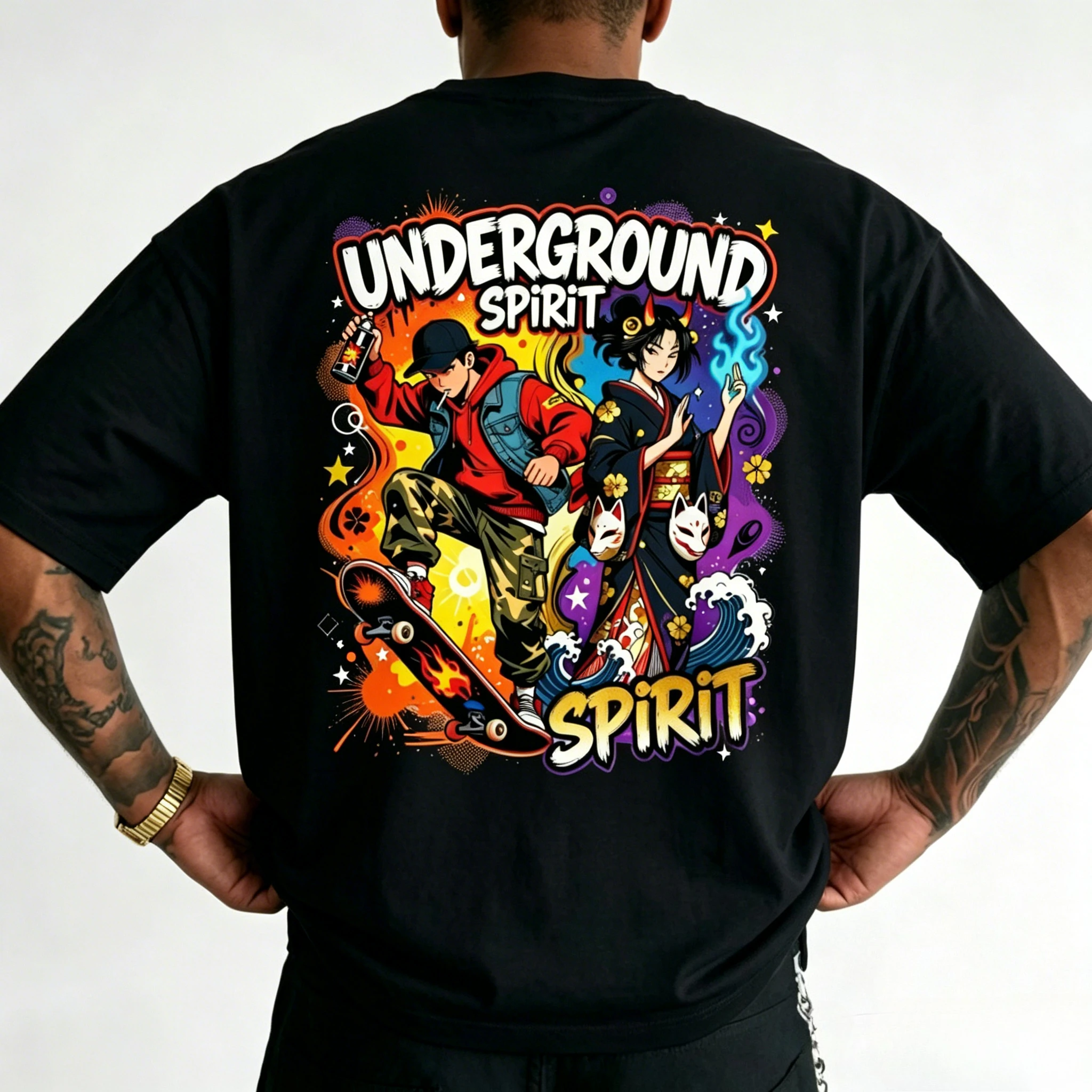 Camiseta con estampado de grafiti de Geisha japonesa y niño en patineta, estilo Harajuku, informal, unisex, de algodón, manga corta, para verano, ropa urbana.