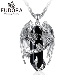 Eudora Dragon Twining Hexagonal Obsidian Prismatic Necklace Punk Healing Stone Crystal Pendant personality Jewelry Gift for Man