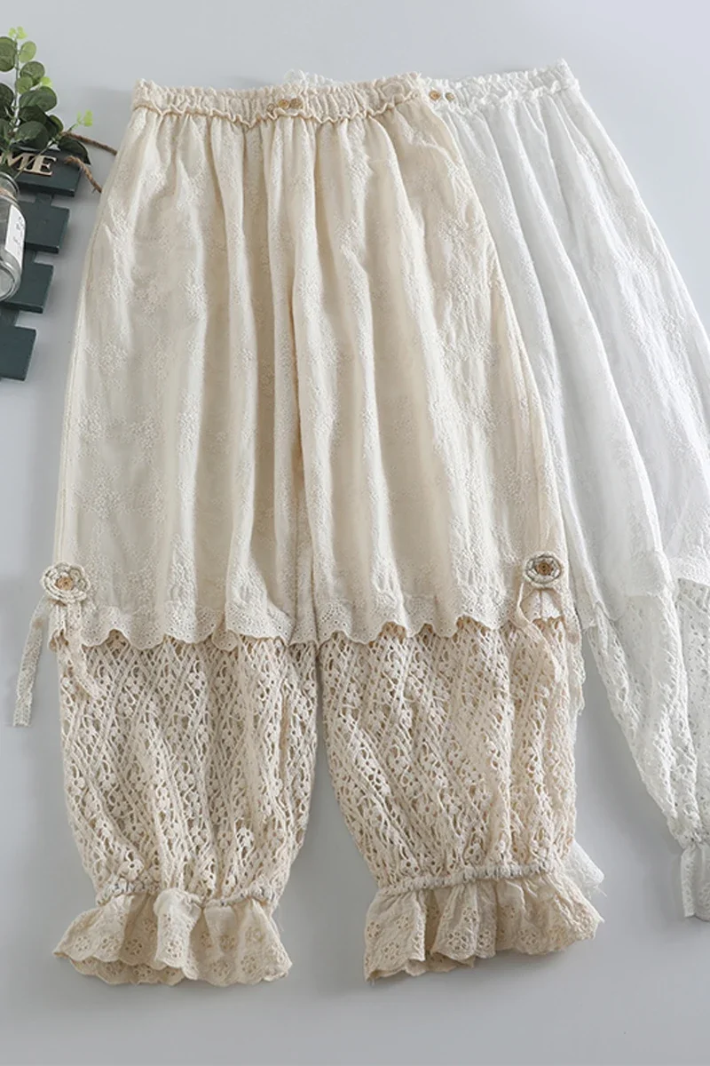 Japanese Mori Girl Sweet Lace Flower Embroidery Hollow Out Pants Women Kawaii Elastic Waist Ruffles Casual Loose Cotton Pants