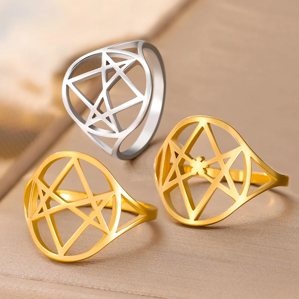 Anillo de acero inoxidable con símbolo de hexagrama unicursal de Dawapara para hombres y mujeres, joyería espiritual de geometría sagrada Thelema