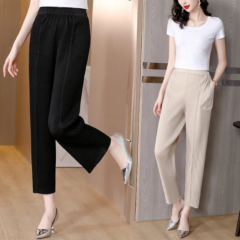 Women Casual Elegant Ladies Issey Miyak New Designer Loose Straight Pleated Pants High Waist Trousers Fashion Harem Pants