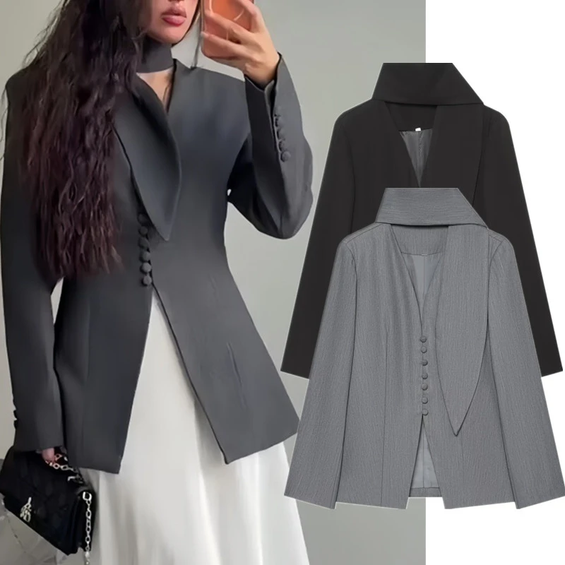 Maxdutti French Classic Retro Gray Collarless Suit Women's Jacket Woman Clothes Loose Ribbon Texture Jacket Blazer Mujer Tops