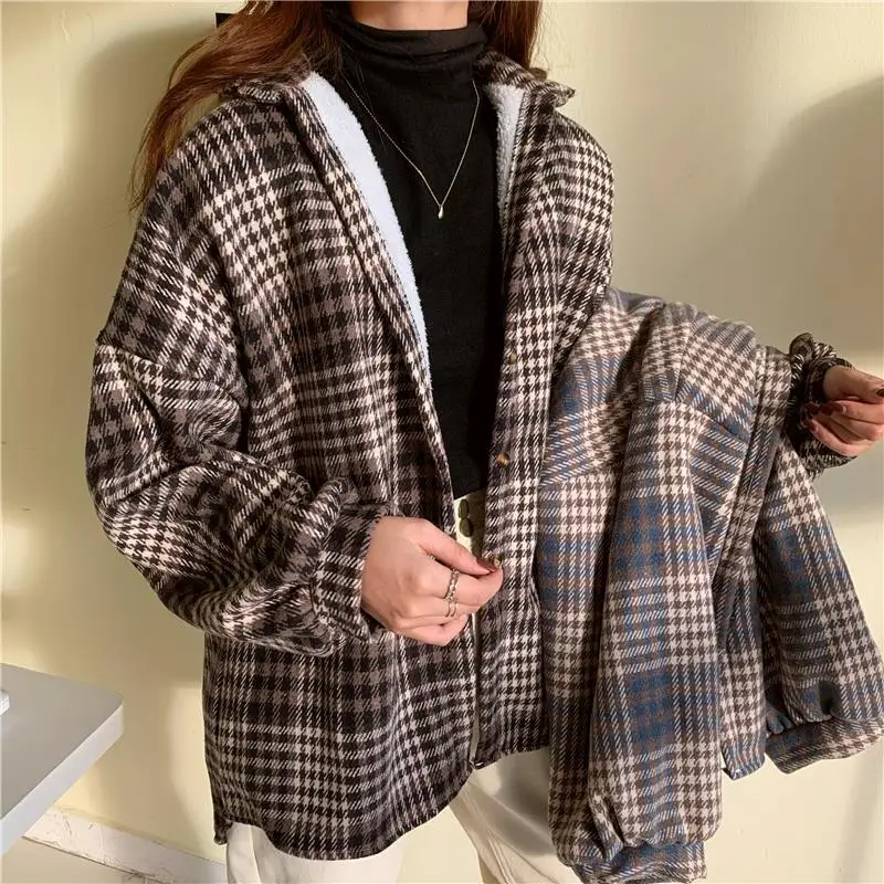 2024 Velvet Thick Warm Women\'s Plaid Shirt Female Stripe Long Sleeve Tops Winter Fleece Casual Check Blouse Autumn Clothes XXXL