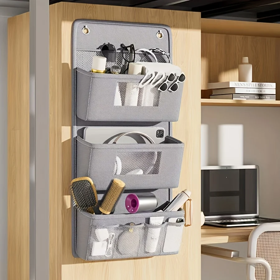 Organizador de armazenamento de parede cinza versátil, bolsa suspensa de tecido com vários compartimentos e ganchos de janela de visualização para escritório, armário