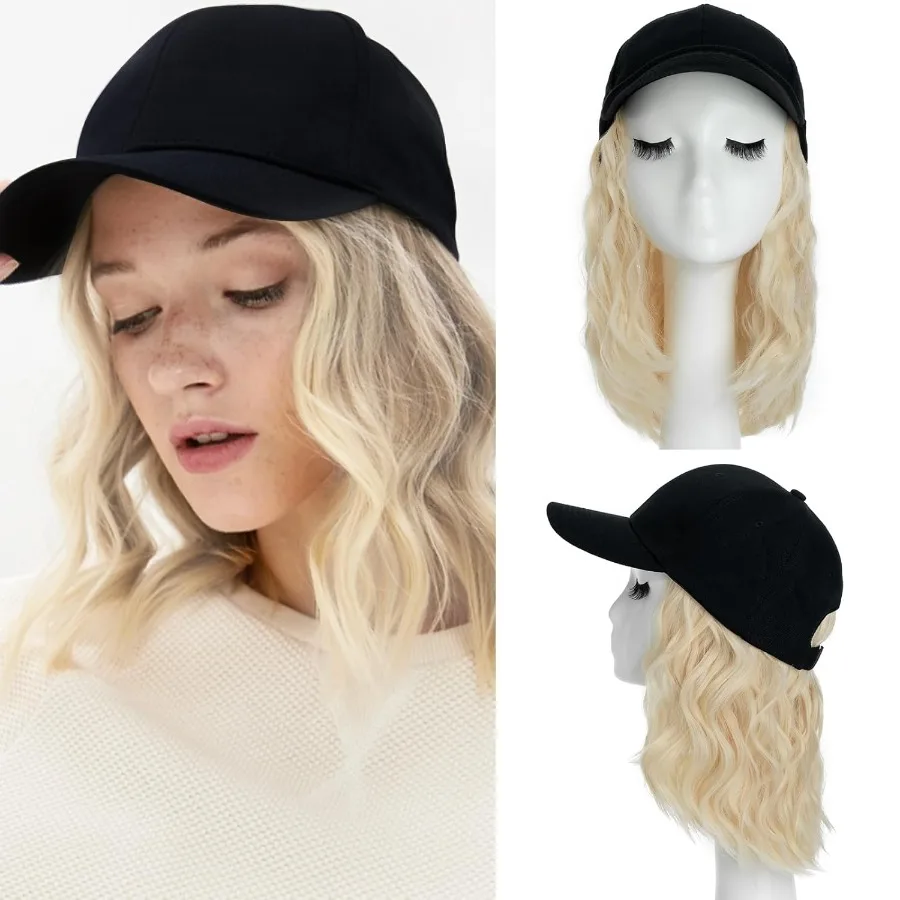 قابل للتعديل قصيرة مجعد متموج بوب تصفيفة الشعر قبعة بيسبول شعر مستعار مع وصلات شعر للنساء 8 الاصطناعية شقراء متموجة بوب قبعة شعر مستعار ث #1