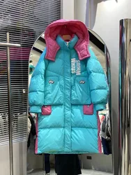 Piumino Patchwork di colore a contrasto di alta qualità abbigliamento Casual da donna 2024 inverno nuovo coreano con cappuccio 90% piumini d'anatra bianchi