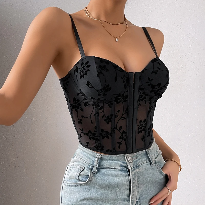 Sexy ​ Spitze Stickerei Chic Bustier Korsett Push-up Dessous Strap Schlanke Koreanische Tanks Top Low-cut Durchsichtige Neckholder Weste Body