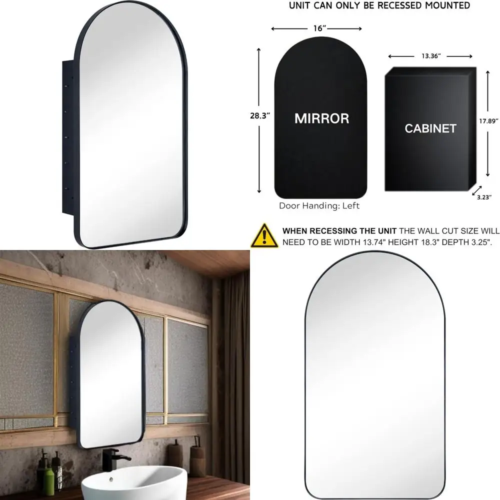 

Arched Metal Framed Recessed Bathroom Medicine Cabinet with Mirror, 16x28.3 inches