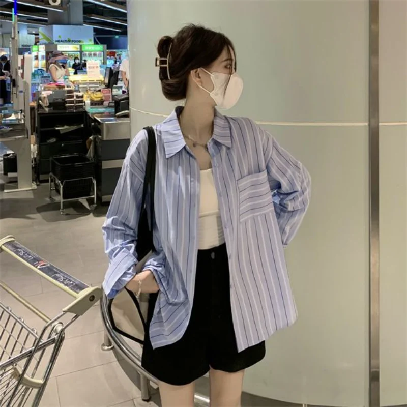 Shirts Women Simple Striped Leisure Autumn All-match Sun-proof Tender Loose Design Turn-down Collar Fashion Korean Style Elegant